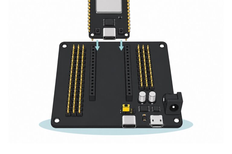 Cartoon of a large matte black ESP32 expansion board with two centre rows of black sockets, blocks of three-pin gold male headers along both sides, a black barrel jack, silver micro-USB and USB-C sockets, a bright yellow jumper cap and two silver capacitors, with a smaller black ESP32 development board carrying a silver shield can above it, about to drop in