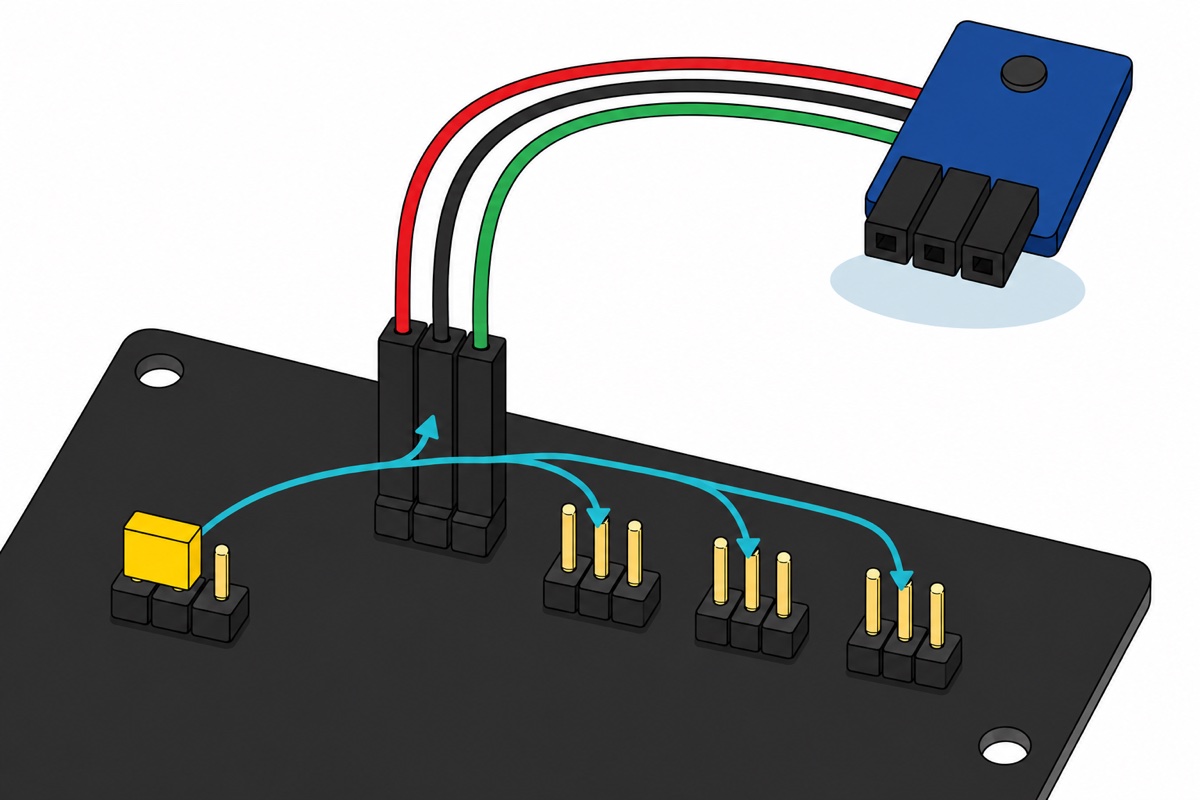 Cartoon close-up of a black ESP32 expansion board with four three-pin gold male header columns, a bright yellow jumper cap on a small three-pin header with pale teal arrows branching to the middle pin of each column, and a red, black and green three-wire lead with hollow black female sockets at both ends joining the board to a small dark blue sensor module