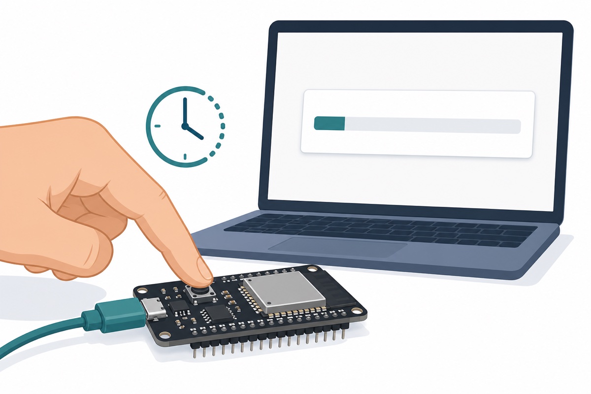 Finger holding the BOOT button on an ESP32 board while the upload starts on the laptop