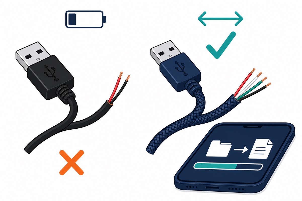 Charge-only USB cable with two wires versus a data cable with four wires that shows file transfer on a phone