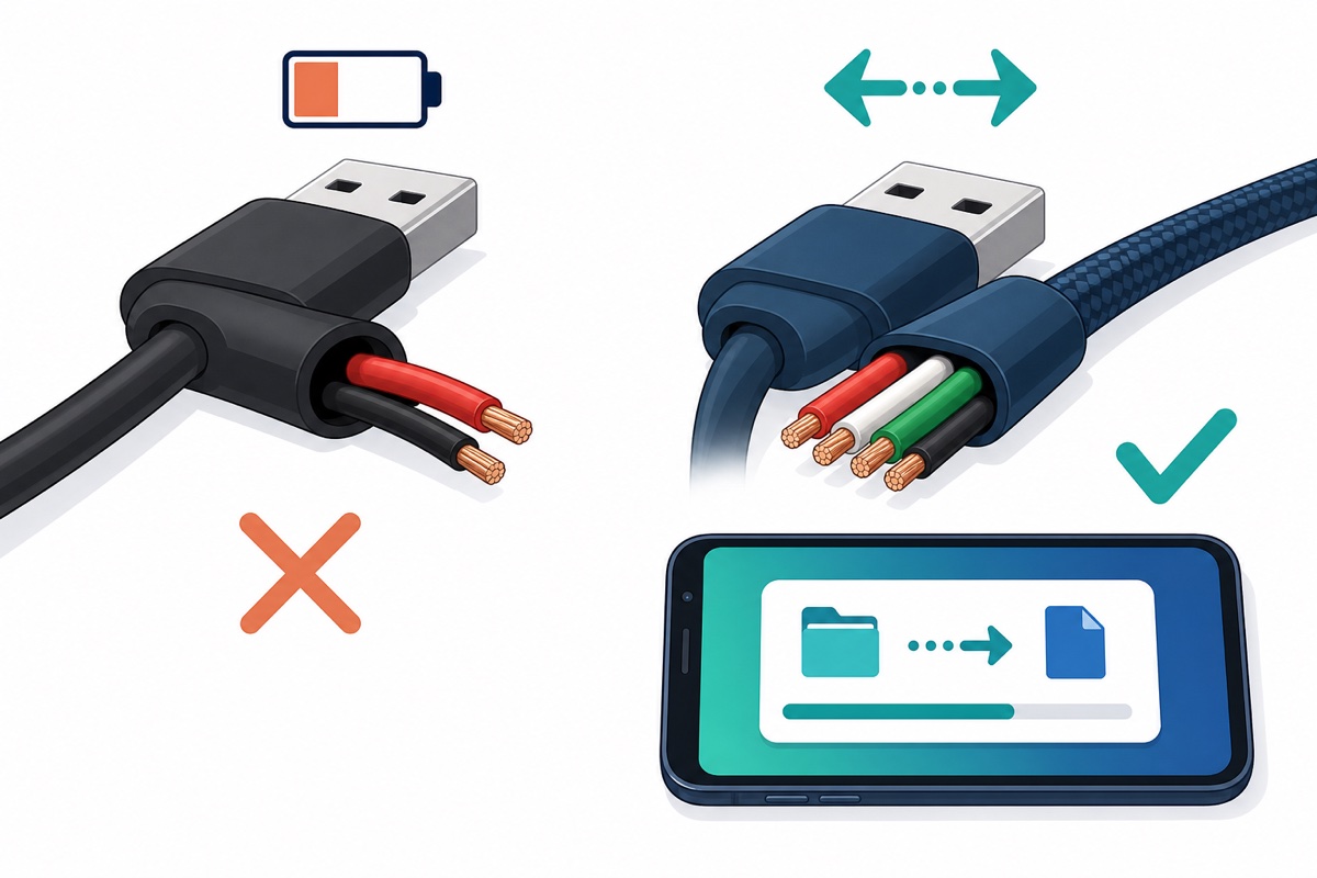 Charge-only USB cable with two wires versus a data cable with four wires that shows file transfer on a phone