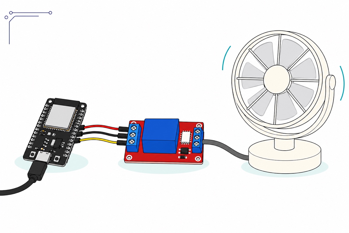 Cartoon desk build of a black ESP32 DevKit wired by three jumpers to a red relay module with a blue relay cube, switching a cream desk fan through a thick grey cable
