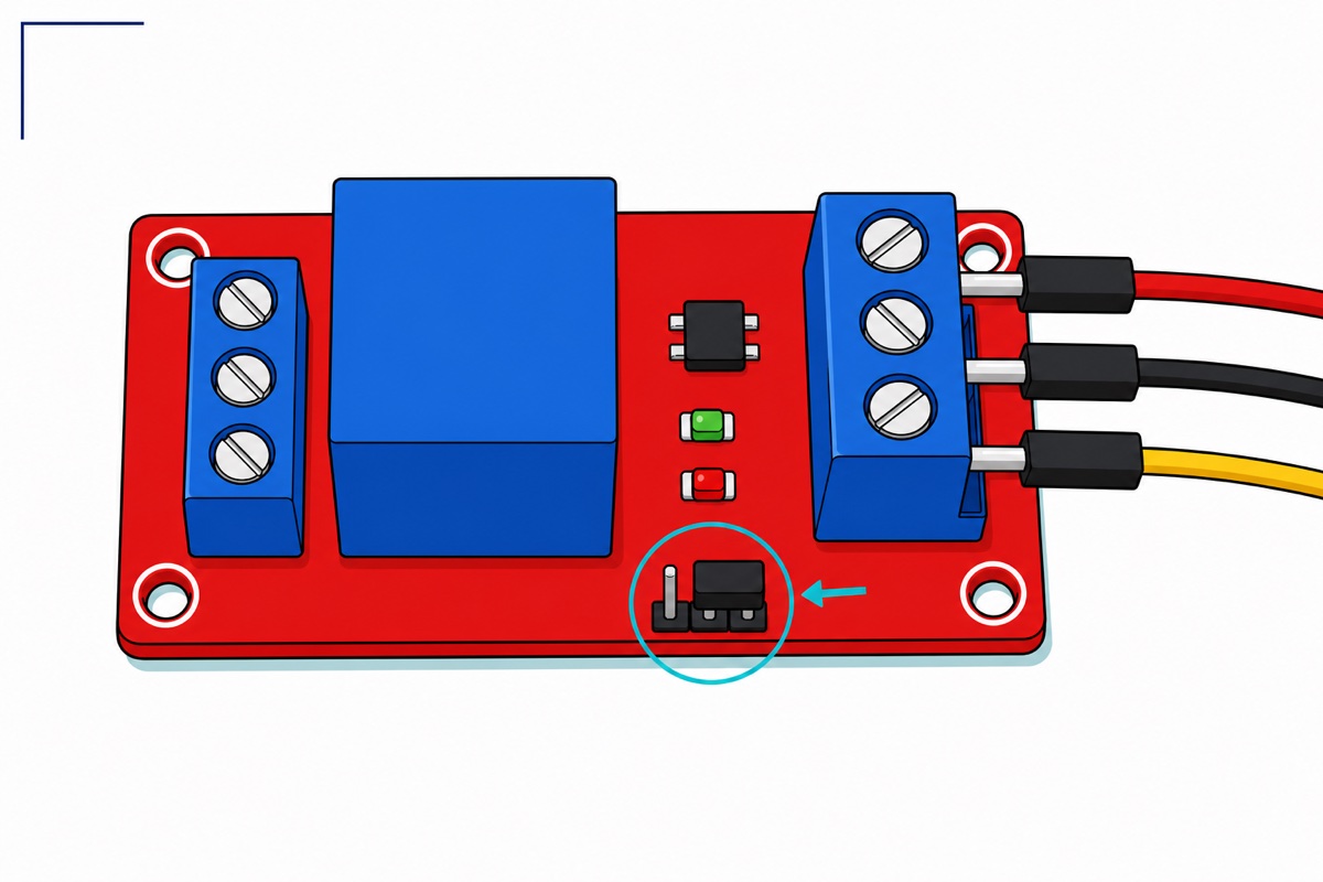 Cartoon close-up of a red relay module with a blue relay cube, three jumper wires clamped into its blue screw terminal, and the black trigger jumper shunt highlighted by a teal ring