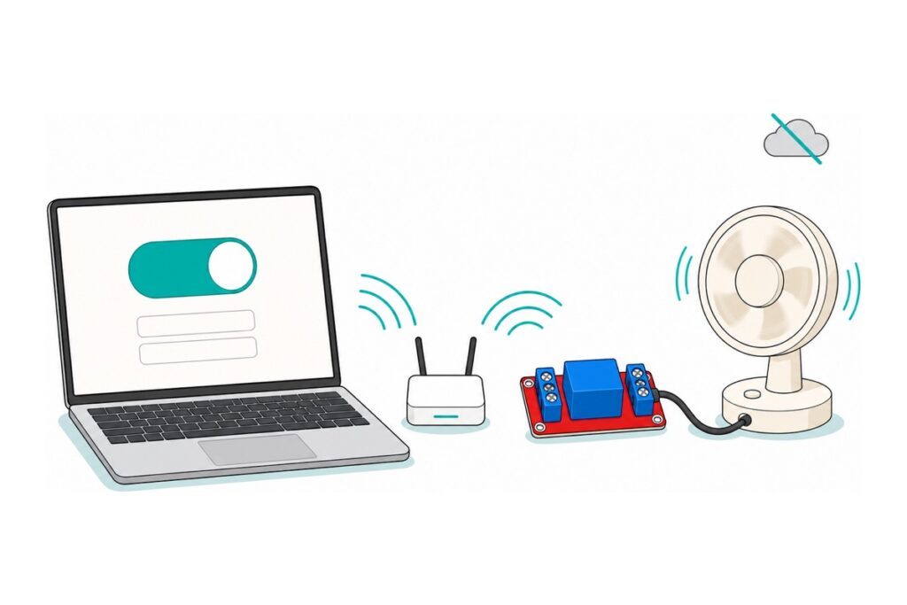 Cartoon of a laptop showing a large teal toggle switch, sending signal arcs through a white WiFi router to a red relay module with a blue relay cube that runs a cream desk fan, beside a crossed-out grey cloud