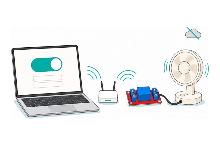 Cartoon of a laptop showing a large teal toggle switch, sending signal arcs through a white WiFi router to a red relay module with a blue relay cube that runs a cream desk fan, beside a crossed-out grey cloud