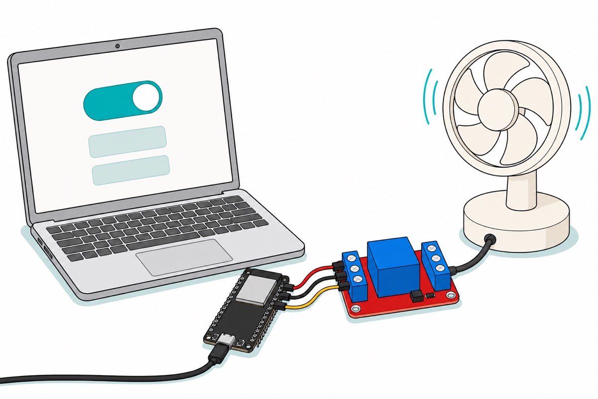 Cartoon desk build of a laptop showing a teal toggle page beside a small black ESP32 board wired by three jumpers to a red relay module that runs a cream desk fan