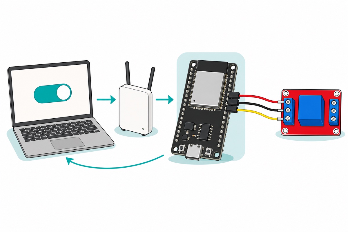 Cartoon diagram of a laptop showing a teal toggle sending a teal arrow through a white WiFi router to a black ESP32 board that answers back, with three jumper wires running on to a red relay module