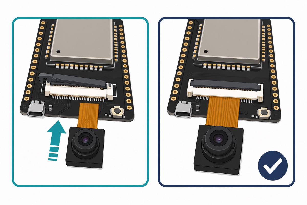 Seating the OV5640 camera's orange ribbon cable into the white FPC connector on the ESP32-S3 CAM board with the latch open then closed