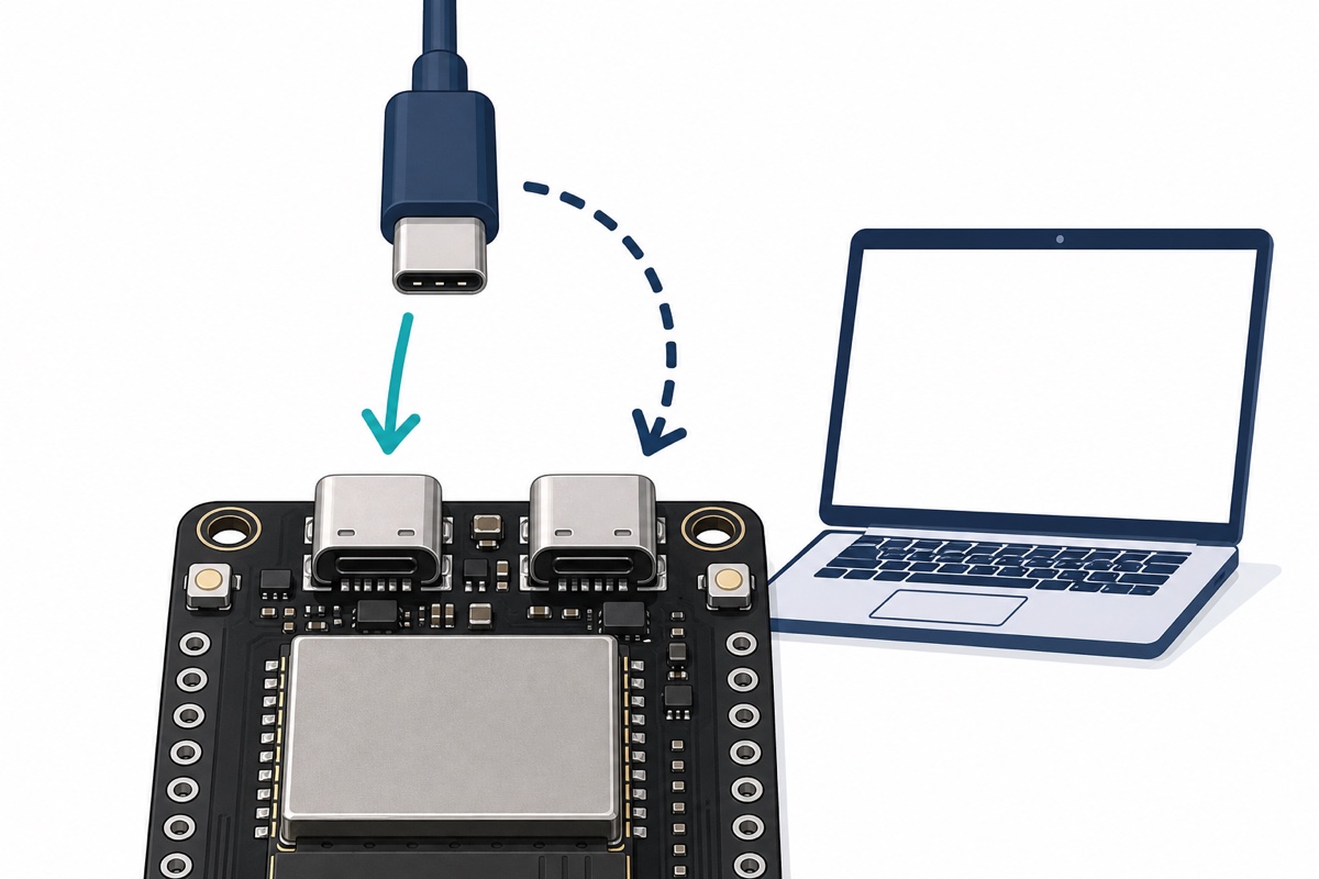 Two USB-C ports side by side on the black ESP32-S3 CAM board with arrows showing to try either port when the board is not detected