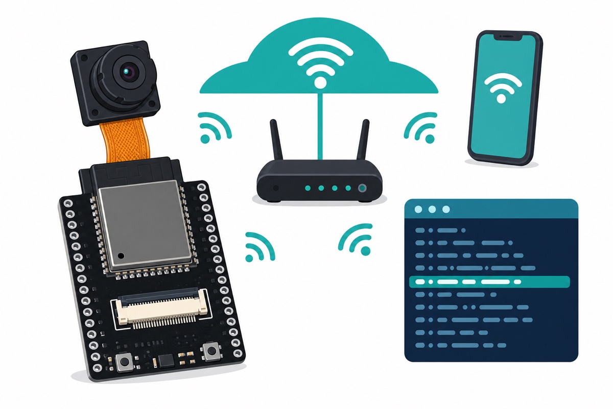 Concept of the ESP32-S3 CAM, a phone and a router sharing one 2.4 GHz WiFi network while the serial monitor shows the stream IP line