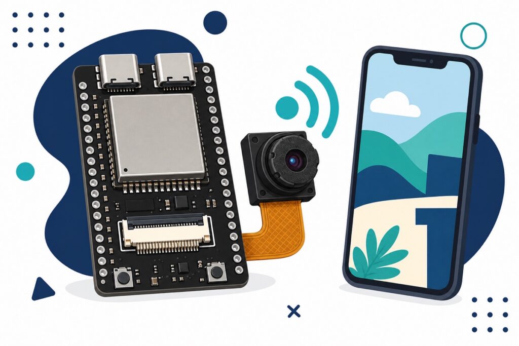 ESP32-S3 CAM black development board with OV5640 camera on an orange ribbon cable streaming video to a smartphone