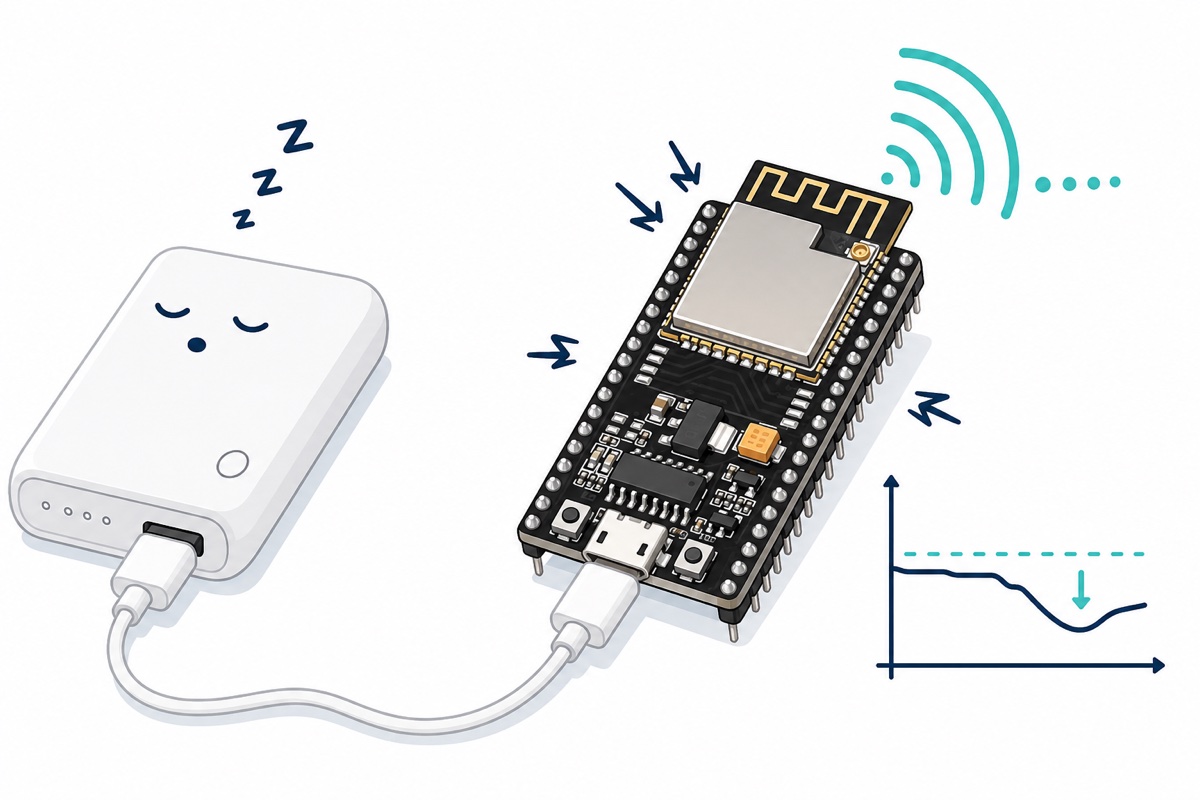 Cartoon of a black ESP32 DevKit resetting during a WiFi transmit burst while a sleeping power bank lets the supply voltage sag