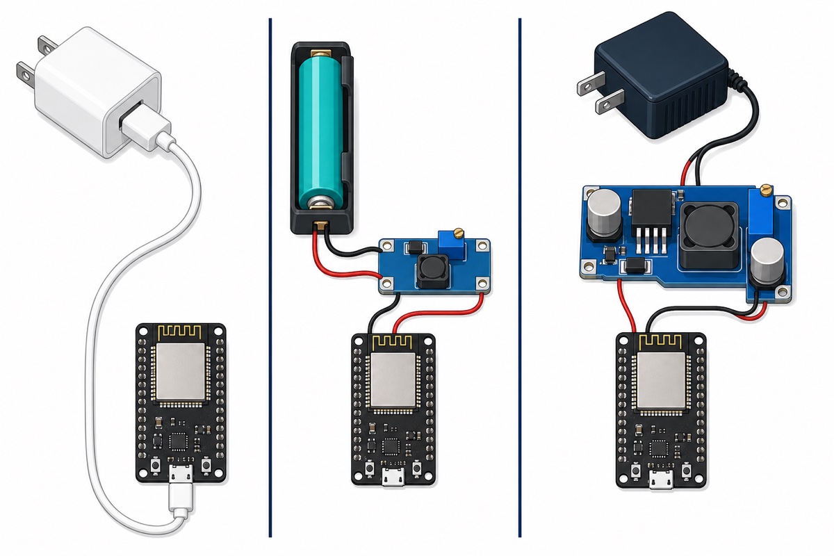 Three panel cartoon comparing USB power, an 18650 with MT3608 boost converter, and a 12V supply with LM2596 buck converter all feeding a black ESP32 DevKit