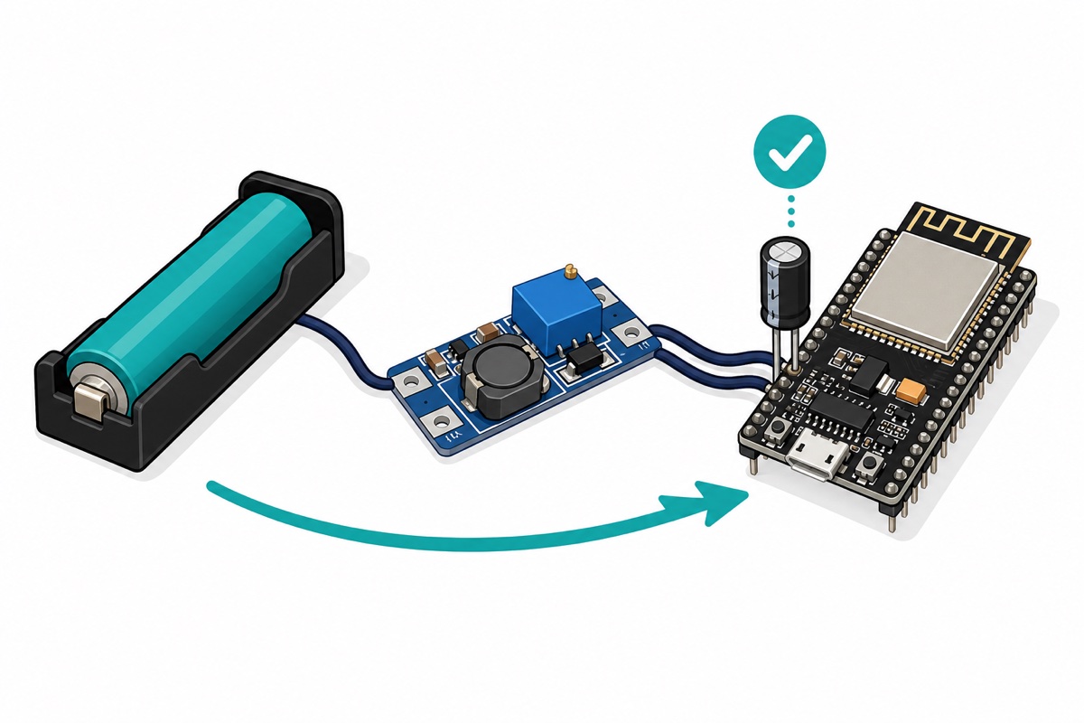 Cartoon wiring chain showing a teal 18650 battery in a black holder feeding a blue MT3608 boost converter and then a black ESP32 DevKit with a bulk capacitor next to the board
