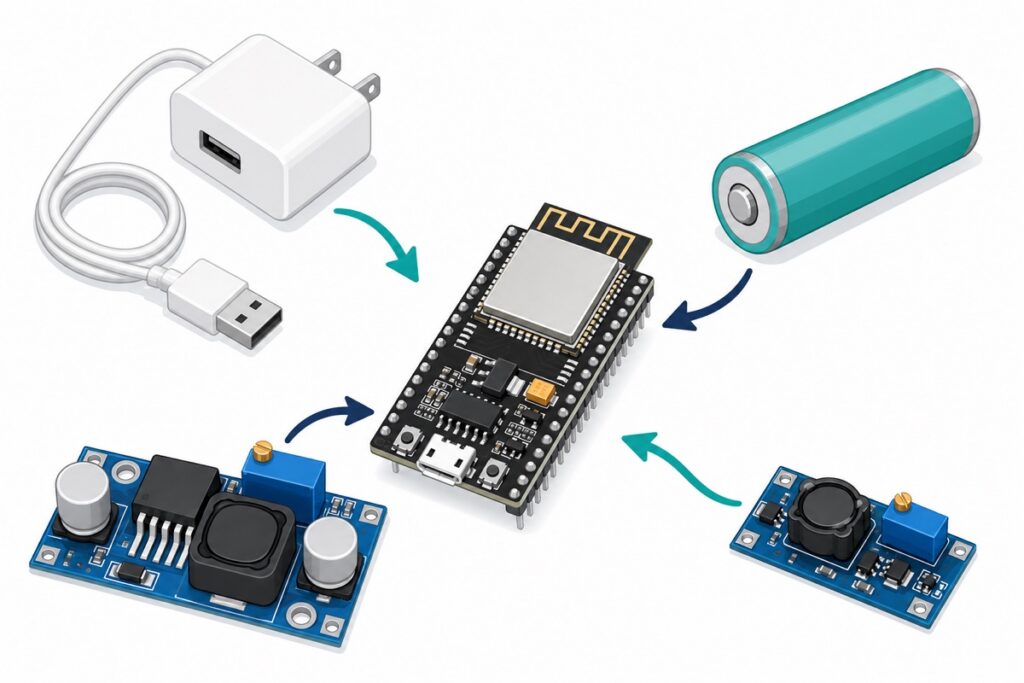 Cartoon of a black ESP32 DevKit board surrounded by a USB adapter, a teal 18650 battery and blue buck and boost converter modules