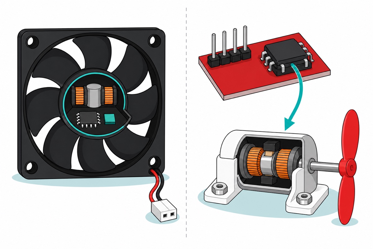Cartoon cutaway comparison showing a black square case fan with its hub opened to reveal a driver chip, a teal sensor and copper coils behind a red-and-black lead with a white two-pin plug, beside a red circuit board with a large black eight-leg chip driving a cut-open white brushed motor showing only coils, a commutator and brushes, with a red two-blade propeller on its shaft