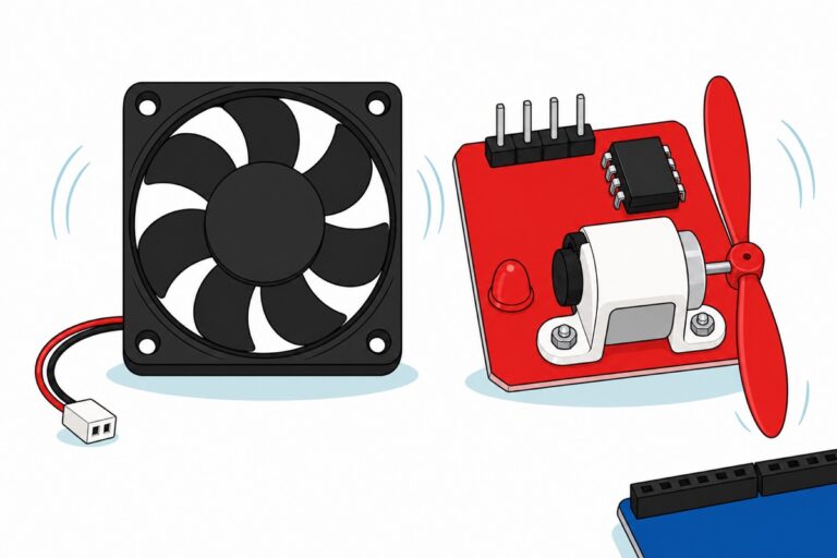 Cartoon of a large black square brushless case fan with a red-and-black lead ending in a white two-pin plug, beside a red circuit board carrying a black chip, four silver pins, a small white motor and a red two-blade propeller, with a blue microcontroller board cropped small at the bottom right