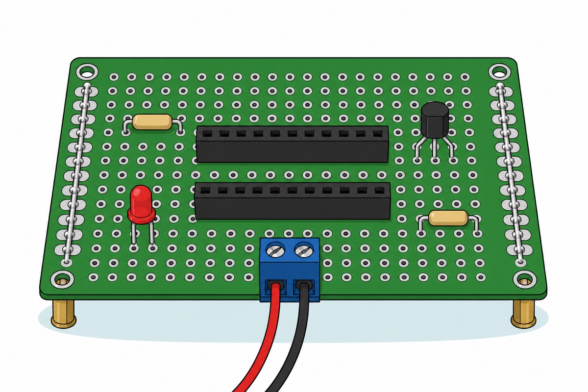 Cartoon of a finished green donut board with two black female header sockets in the middle, beige resistors, a red LED, a black transistor, a blue screw terminal at the edge with red and black wires, bare silver rails soldered along both edge pad columns and brass standoffs in the corner holes