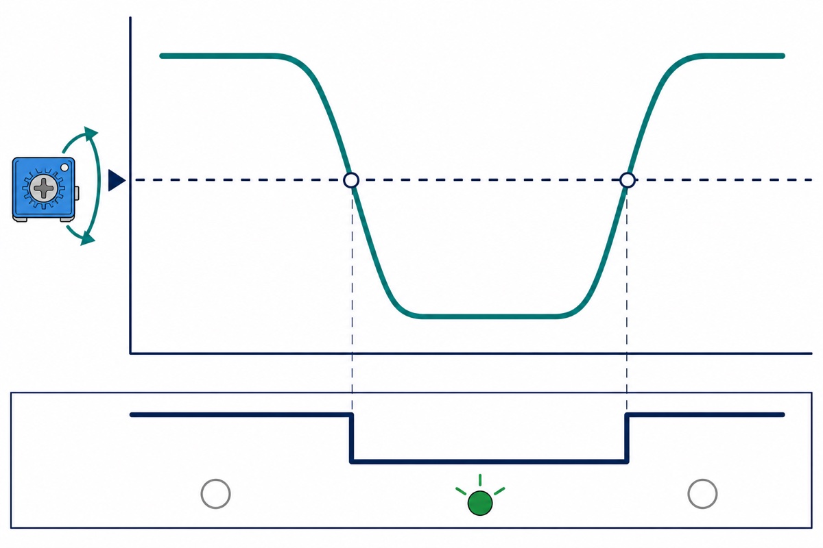 Cartoon diagram showing the teal AO curve diving past the dashed navy reference line set by the blue trimmer, with the DO signal below it dropping to LOW and a green LED lighting up