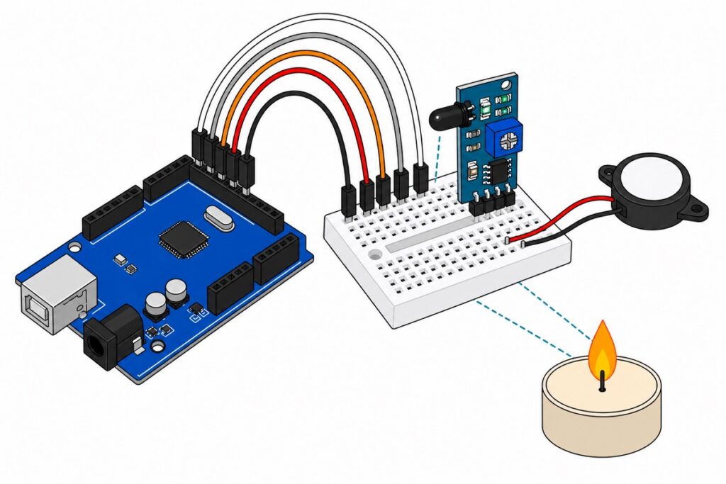 Kartun modul sensor api teal-biru dan buzzer piezo hitam di atas mini breadboard putih, bersambung ke Arduino Uno biru, dengan lilin kecil menyala di hadapannya