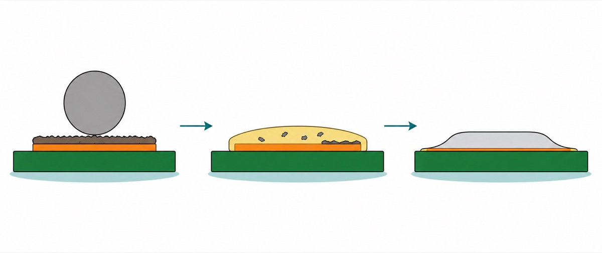Three-panel cartoon showing a dull oxidised pad with a grey solder ball, then amber flux dissolving the crust to expose bright copper, then bright silver solder spread flat into a concave fillet