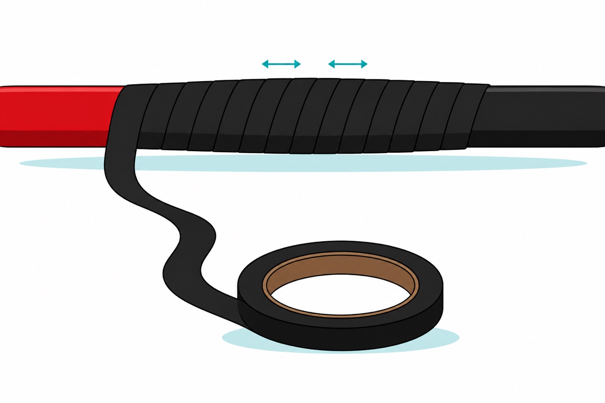 Cartoon of a red-and-black wire joint being wrapped in glossy black PVC tape in a half-overlapping spiral that extends well past the joint on both sides, with a black tape roll on a brown core feeding the stretched tape from below