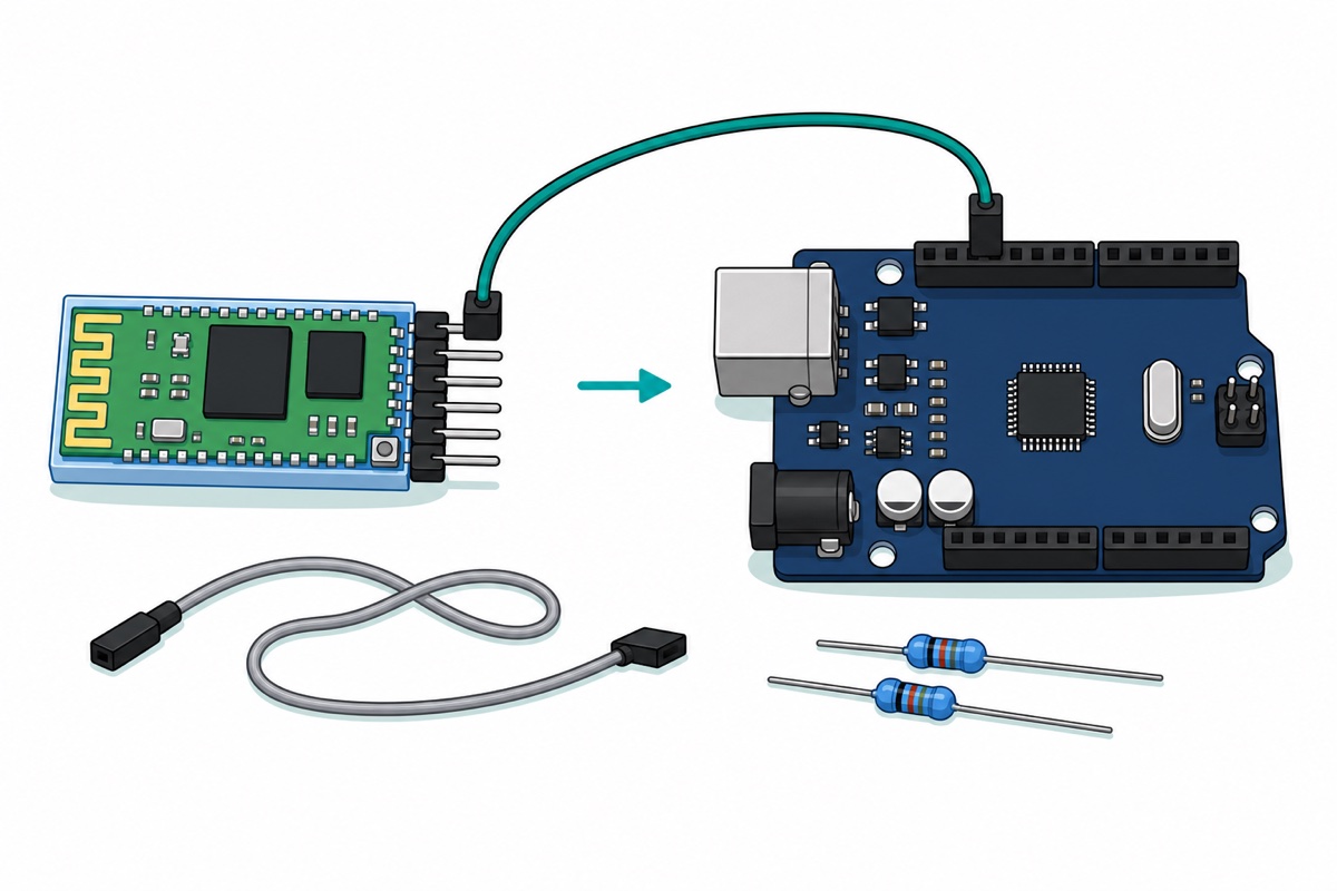 Cartoon of a blue-and-green HC-05 Bluetooth module joined to a dark navy Arduino board by a single teal jumper wire with an arrow pointing towards the board, while a second grey wire lies unconnected beside two unused blue resistors