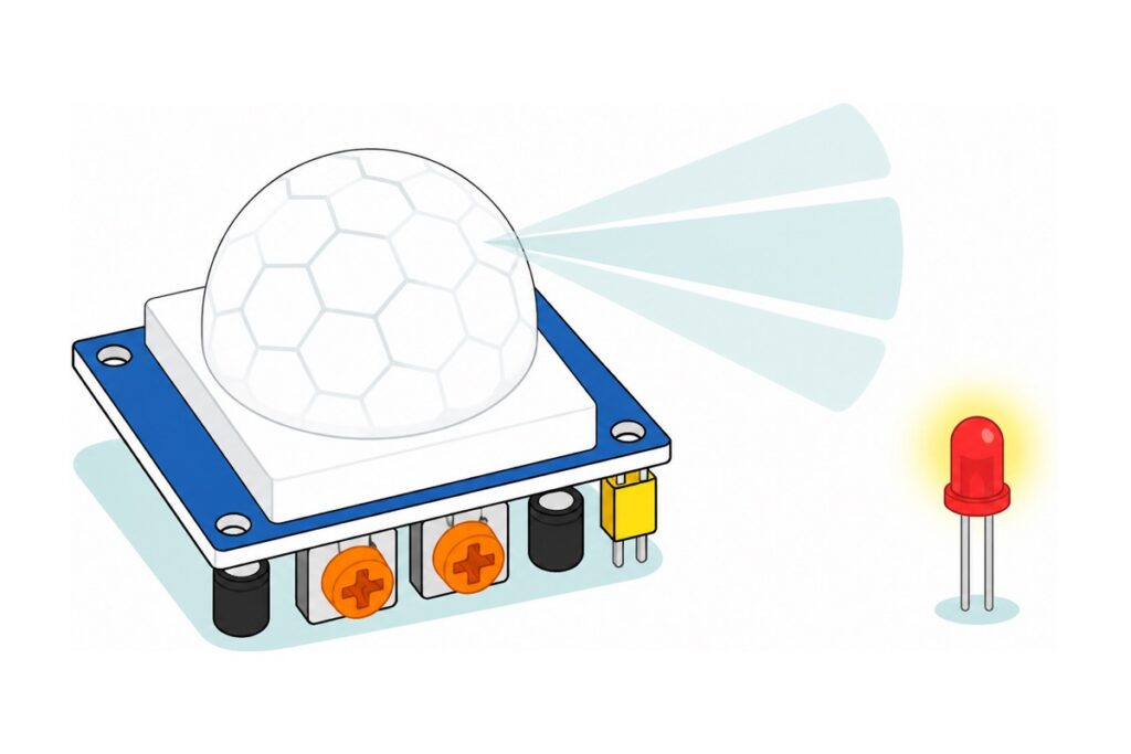Cartoon of a large HC-SR501 PIR sensor with a white honeycomb dome on a royal blue board with two orange trimmers and a yellow jumper, casting a pale teal detection fan towards a small glowing red LED