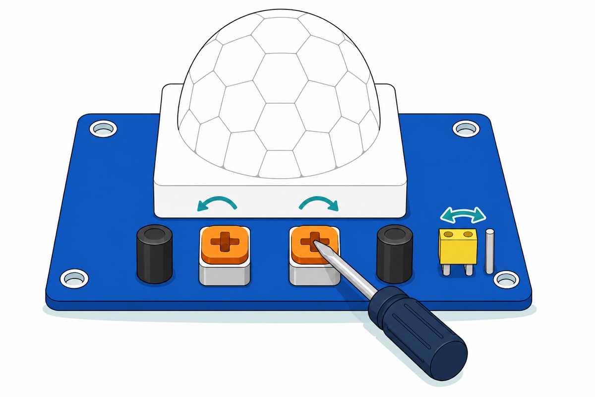 Cartoon close-up of an HC-SR501's royal blue board showing two orange trimmers with a silver screwdriver in one, a bright yellow jumper shunt, and curved teal arrows indicating rotation and sliding
