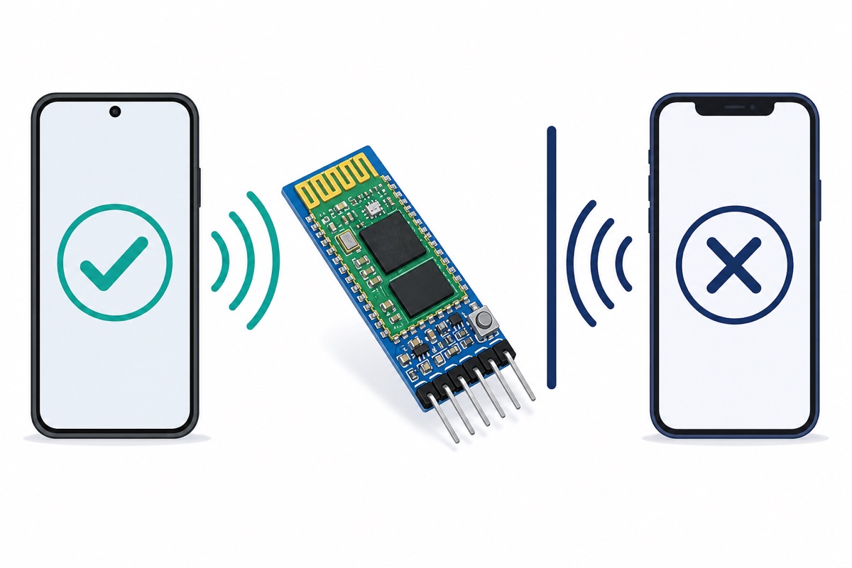 Diagram showing an Android phone successfully connecting to an HC-05 Bluetooth module while an iPhone connection is blocked