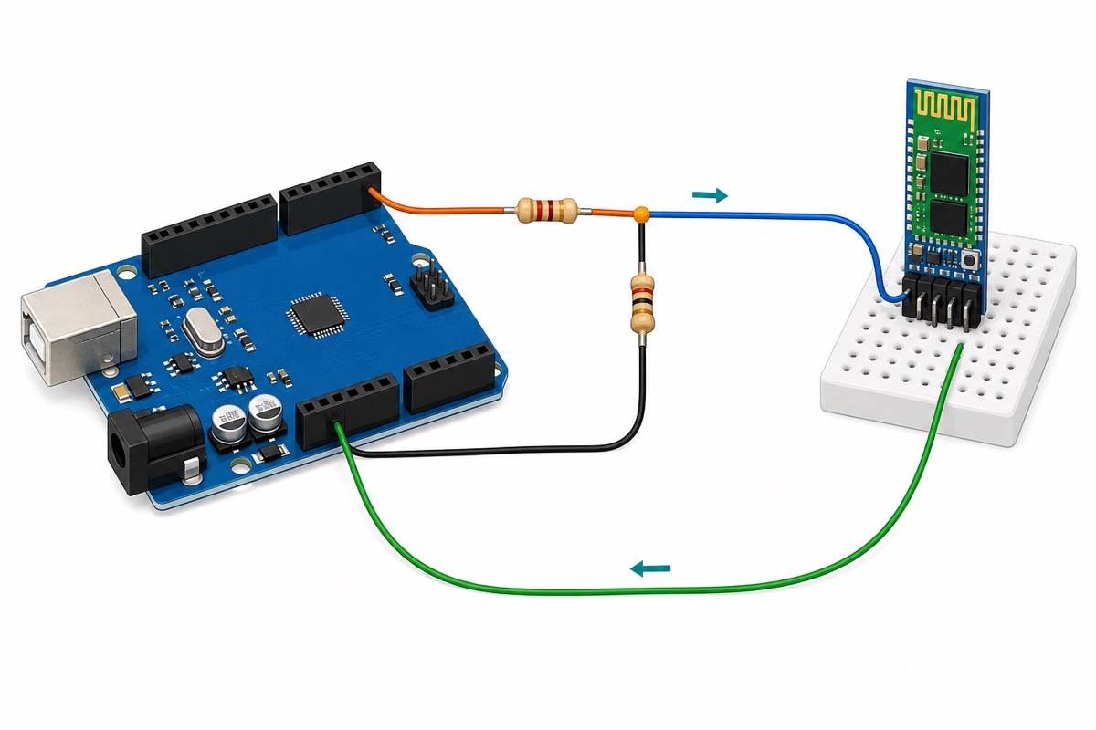 Wiring diagram of a two-resistor voltage divider between Arduino Uno pin D3 and the HC-05 Bluetooth module RX pin