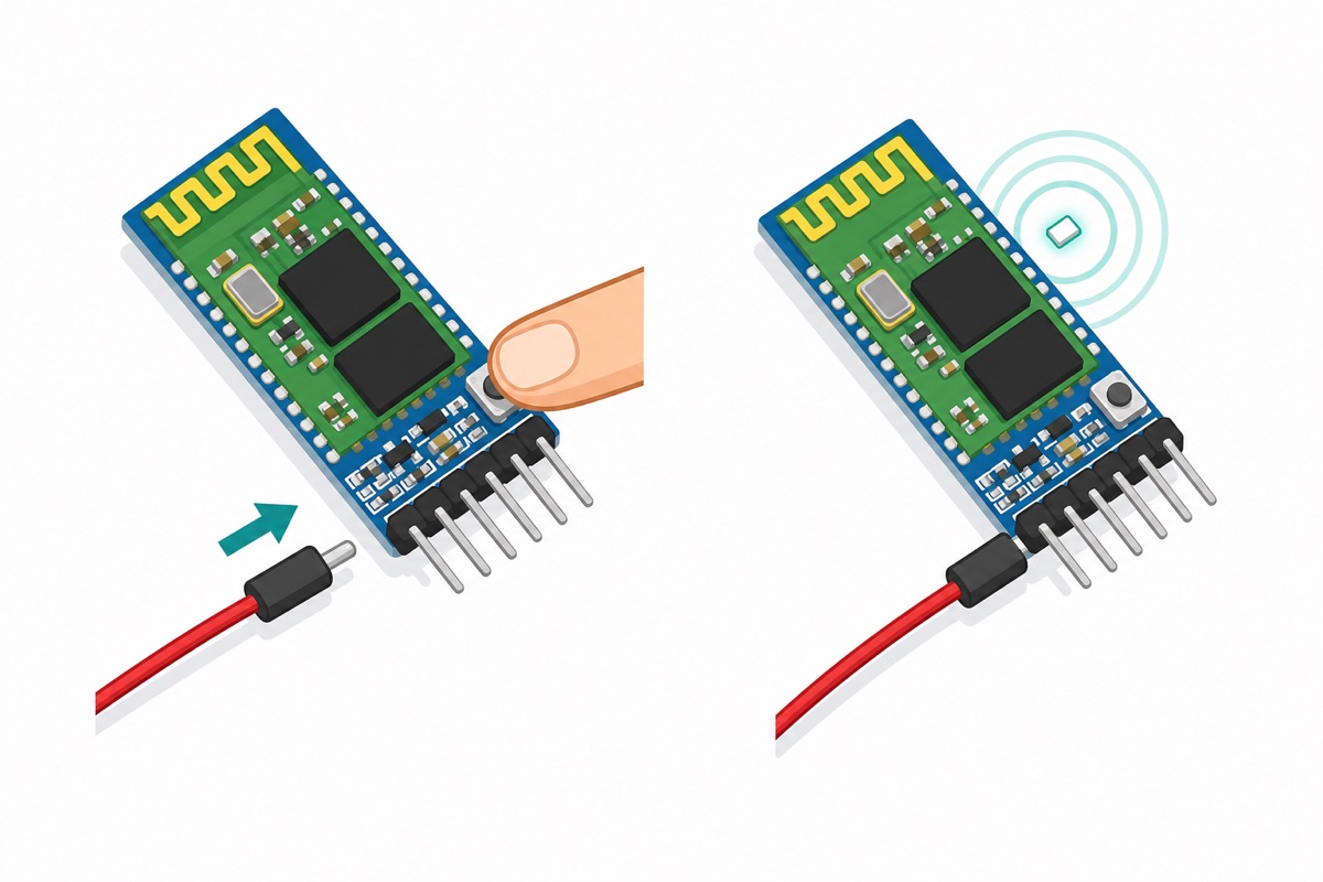 Finger holding the small button on an HC-05 Bluetooth module while power is applied to enter AT command mode
