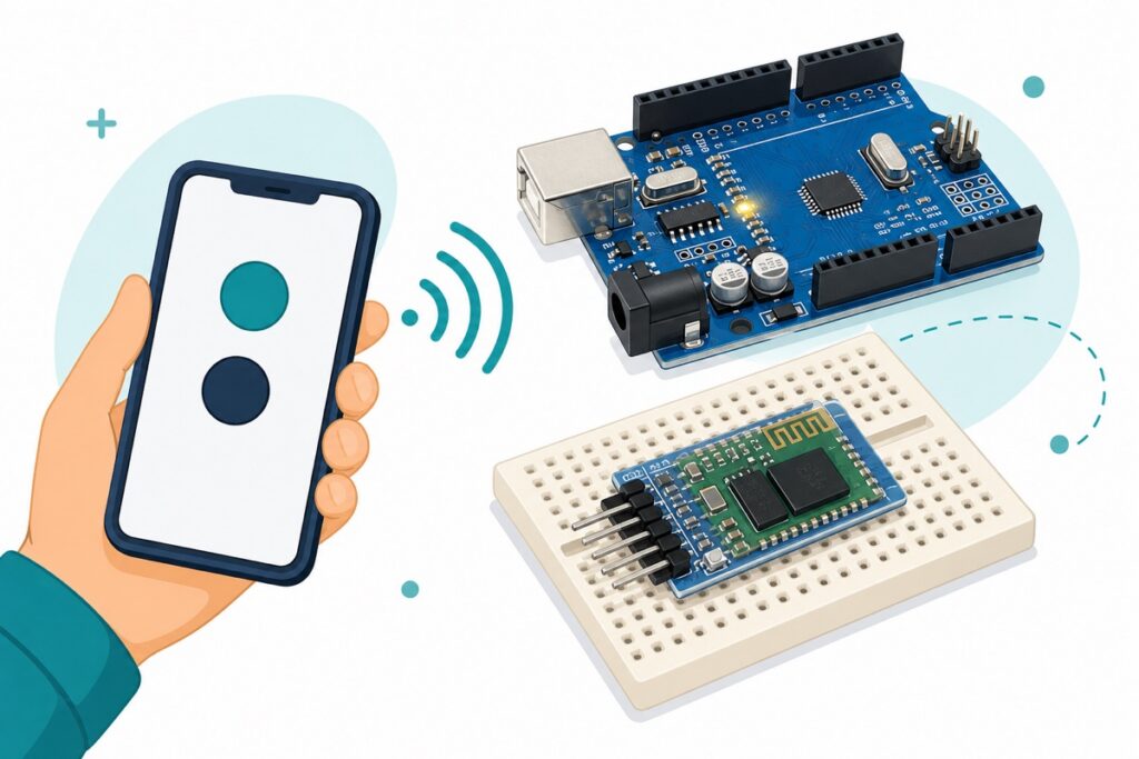 Smartphone controlling an Arduino Uno LED wirelessly through an HC-05 Bluetooth module with blue base board and green antenna daughter board