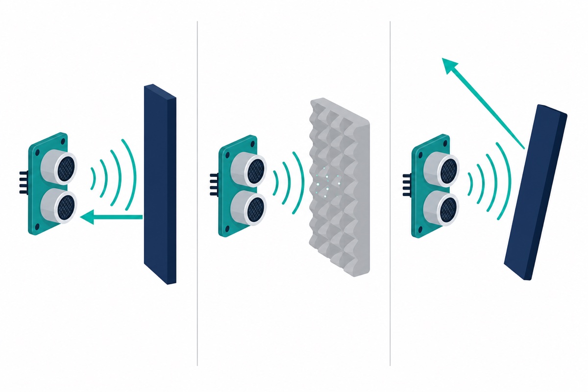Comparison of ultrasonic reflection: a flat hard wall reflecting the sound burst straight back versus foam absorbing it and an angled panel deflecting it sideways