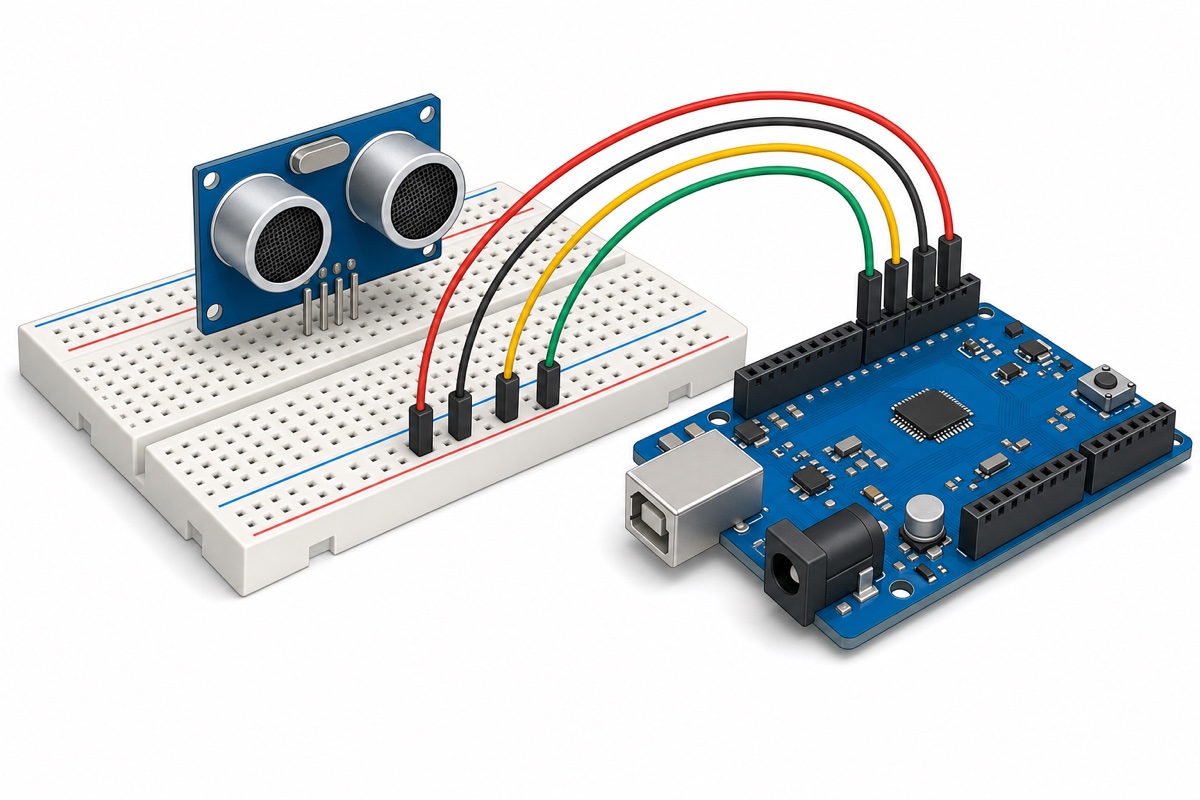 HC-SR04 ultrasonic sensor wired to an Arduino Uno on a breadboard with four jumper wires: VCC to 5V, TRIG to pin 9, ECHO to pin 10, GND to GND