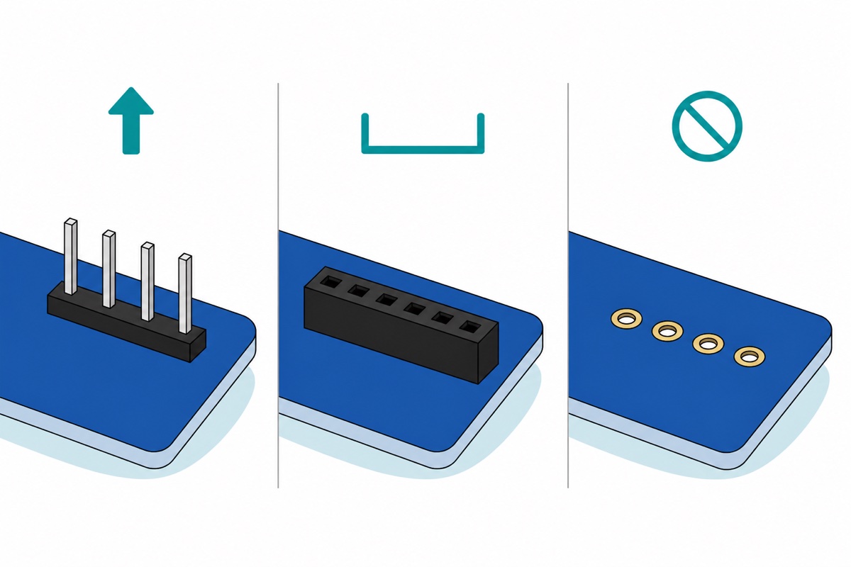 Cartoon chart of three blue circuit board edges showing upright silver male pins, a black female socket block, and empty gold-ringed solder holes
