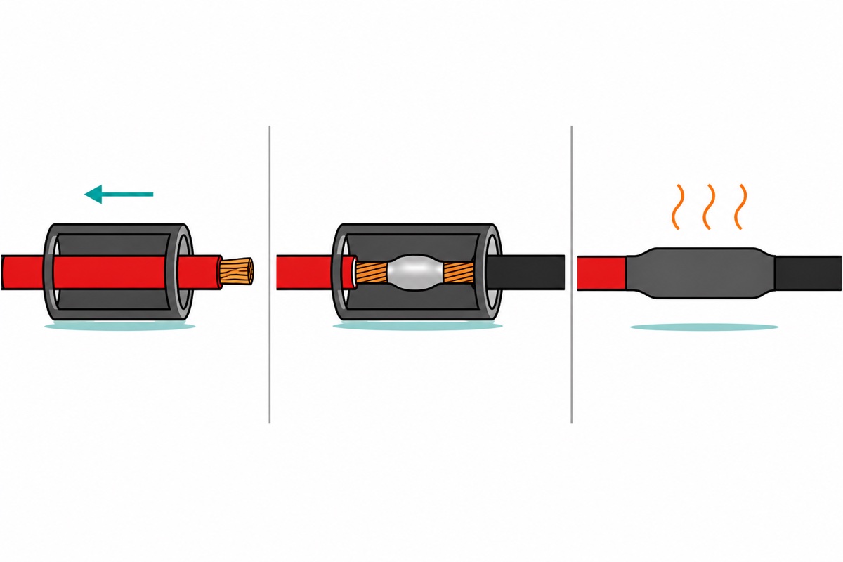 Cartoon of three stages showing a loose dark-grey heat shrink tube parked on a red wire, then slid over a soldered red-and-black joint, then shrunk tight with tapered ends gripping both wires under orange heat lines