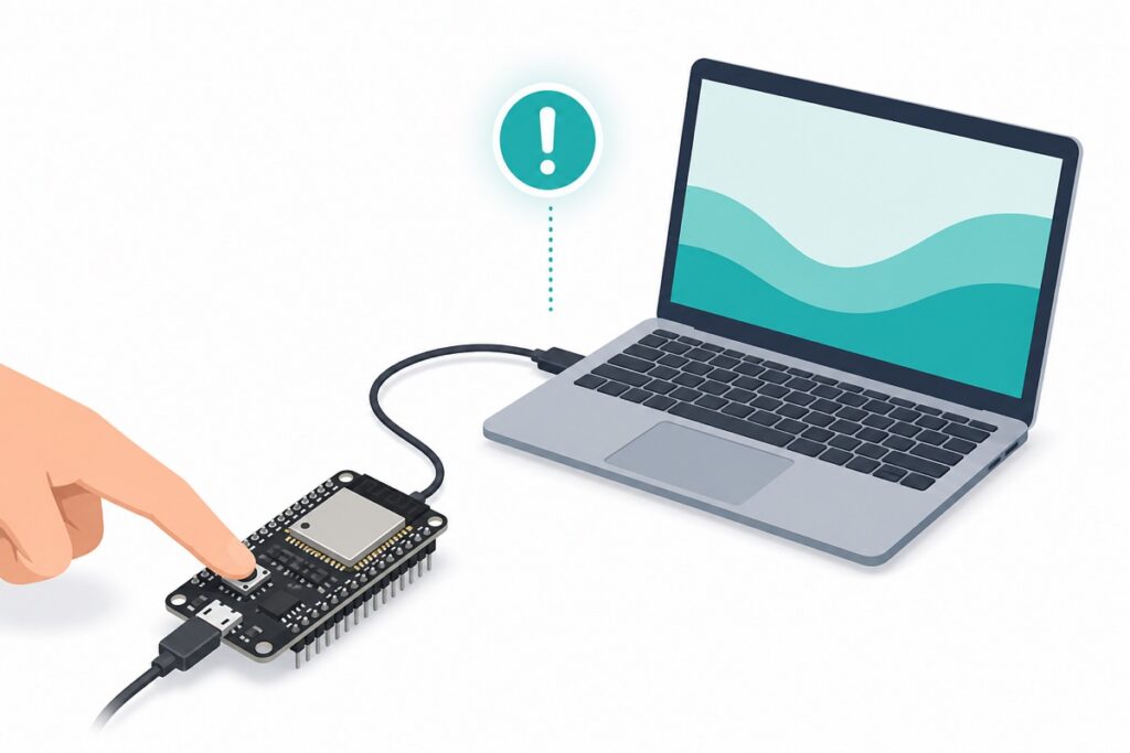 Finger pressing the BOOT button on an ESP32 board connected to a laptop