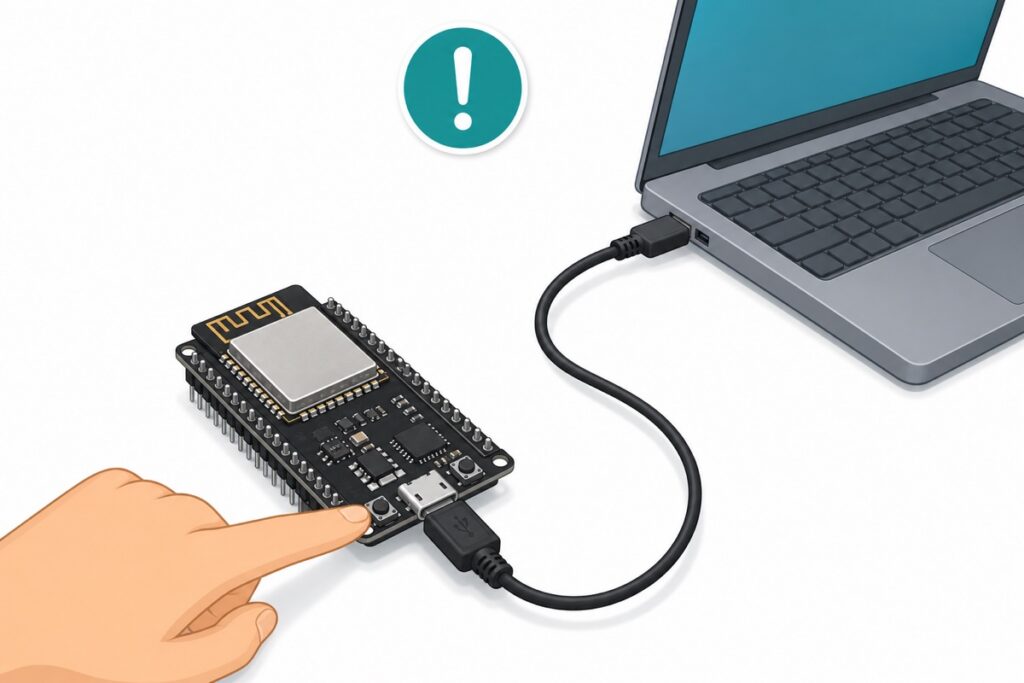 Finger pressing the BOOT button on an ESP32 board connected to a laptop