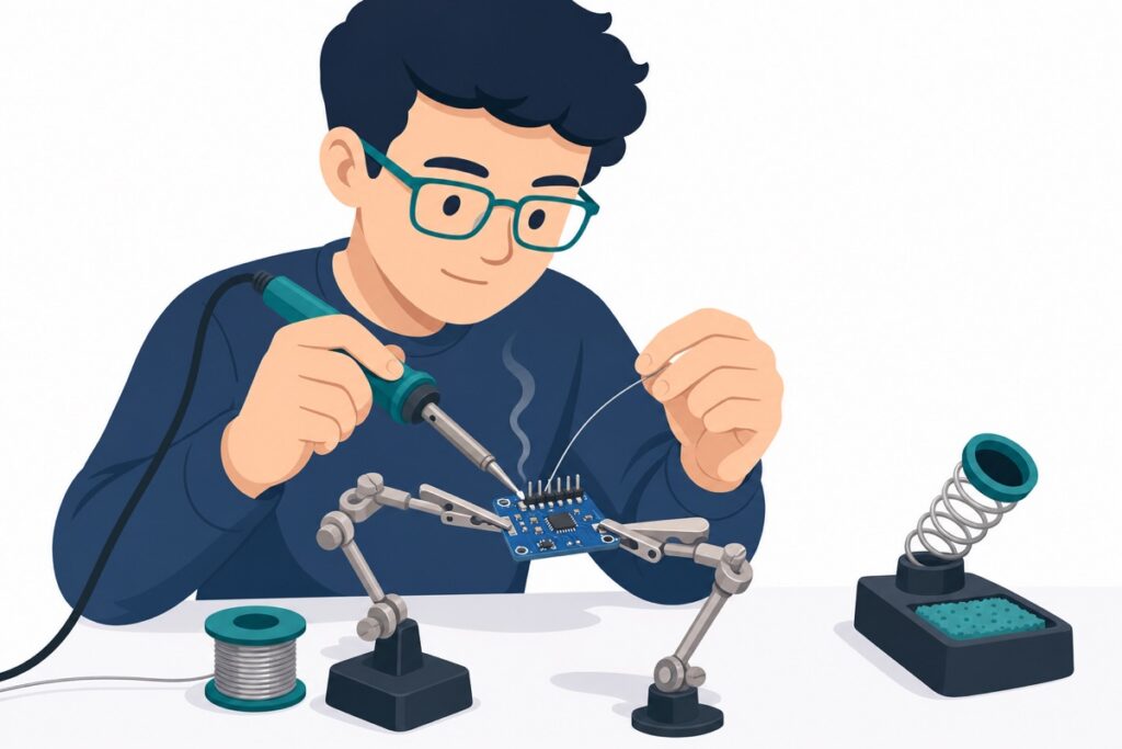 Person soldering header pins onto a module held by a helping-hands clip