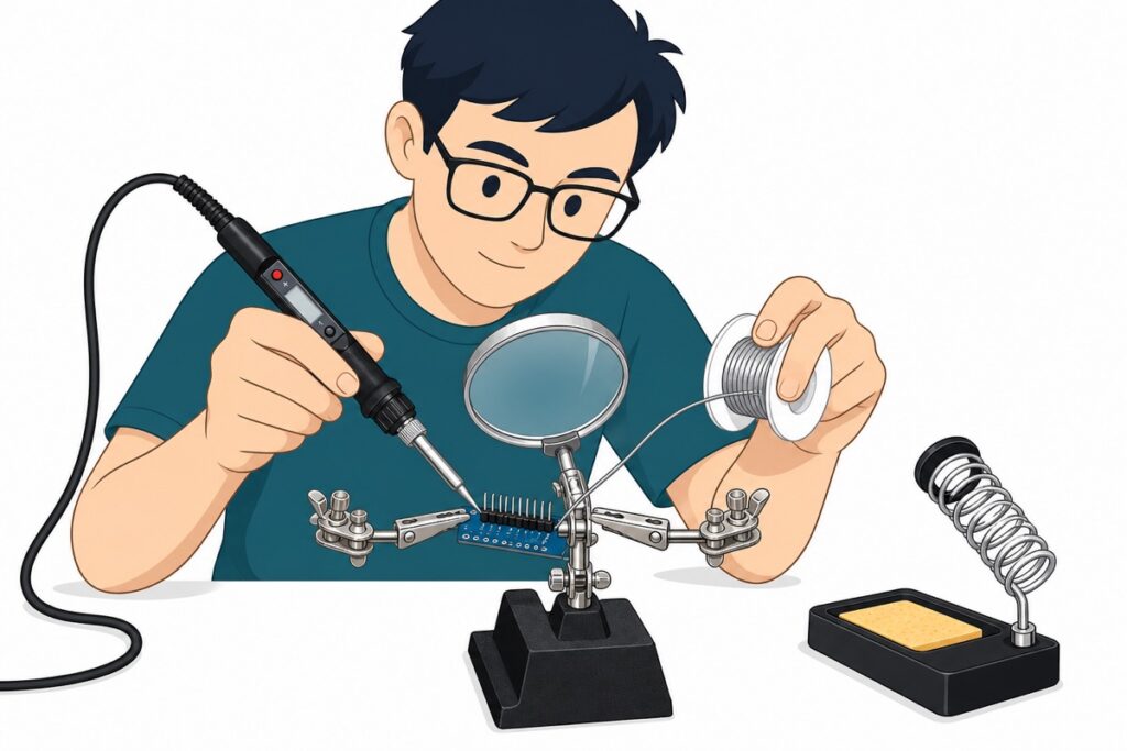 Person soldering header pins onto a module held by a helping-hands clip