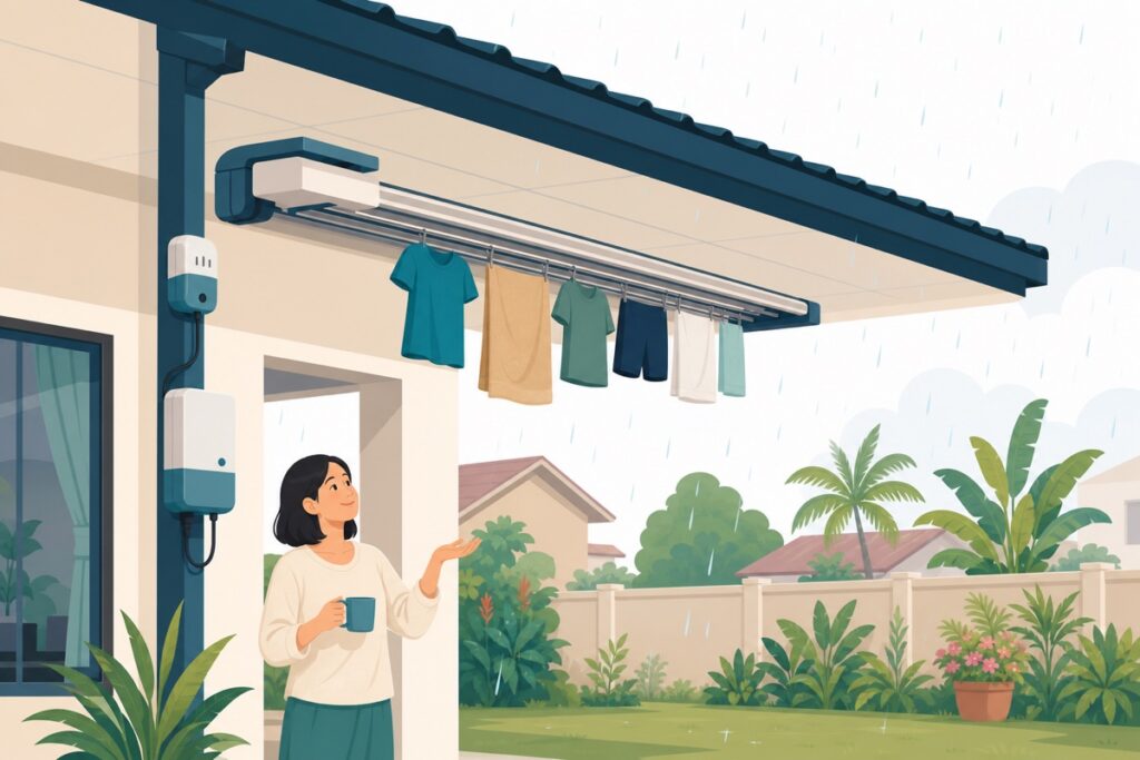 Jemuran automatik dengan sensor hujan menarik pakaian ke bawah bumbung semasa hujan