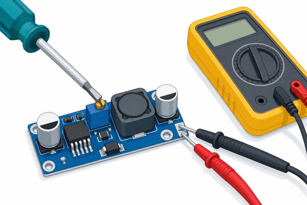 Adjusting an LM2596 buck converter with a screwdriver while a multimeter measures the output