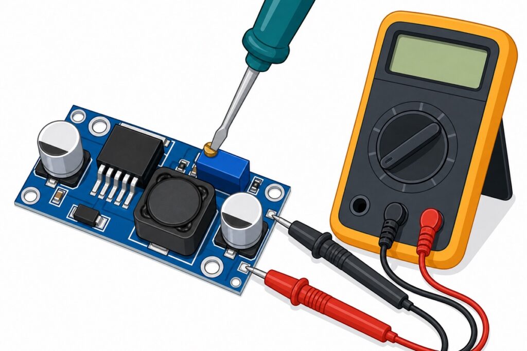Adjusting an LM2596 buck converter with a screwdriver while a multimeter measures the output