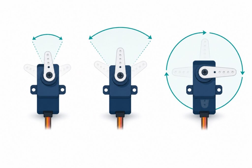 Three servo motors showing 180, 270 and 360 degree rotation ranges