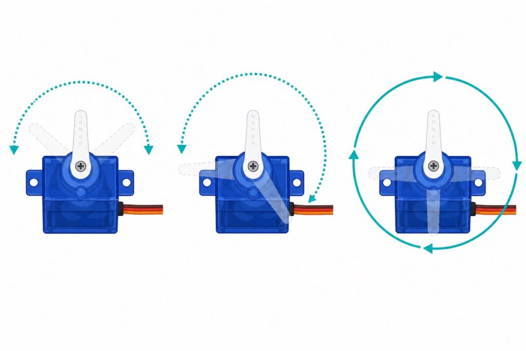 Three servo motors showing 180, 270 and 360 degree rotation ranges