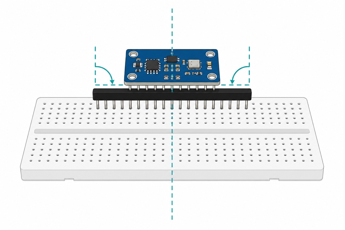 Header pins held perfectly straight by a breadboard while the module rests on top ready for soldering