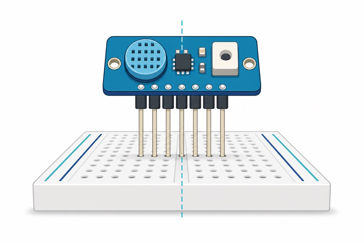 Header pin dipegang lurus sempurna oleh breadboard sambil modul diletakkan di atas, sedia untuk disolder