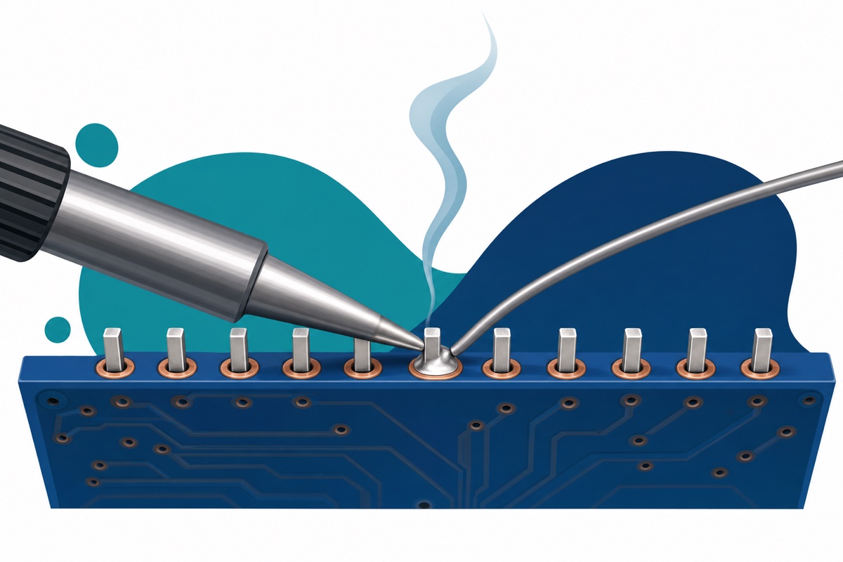 Soldering iron heating the pad and pin together while solder wire feeds into the joint
