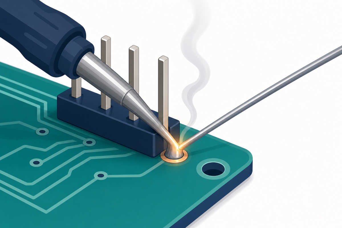 Soldering iron memanaskan pad dan pin serentak sambil wayar timah disuakan ke dalam sambungan